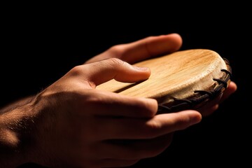 Poster - A pair of hands gently holding a wooden percussion instrument in low light.