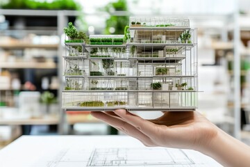 Aufkleber - A hand holding a detailed architectural model of a green building with plants.