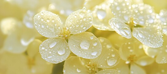 Poster - Close-up of delicate yellow flowers adorned with water droplets, showcasing nature's beauty.