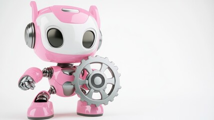 Aufkleber - A cute pink robot holding a gear, symbolizing technology and innovation.