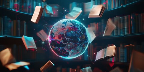 Aufkleber - A glowing globe surrounded by floating books in a library, symbolizing knowledge and exploration.
