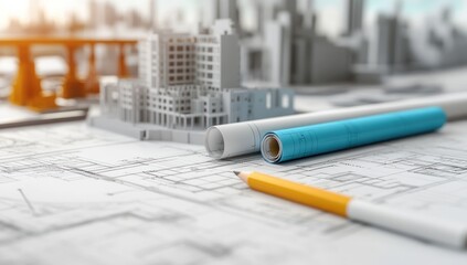 Poster - A close-up of architectural plans with drafting tools and a city model in the background.
