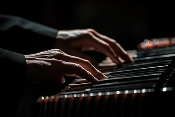 Poster - Close-up of hands playing a musical instrument in a dimly lit setting.