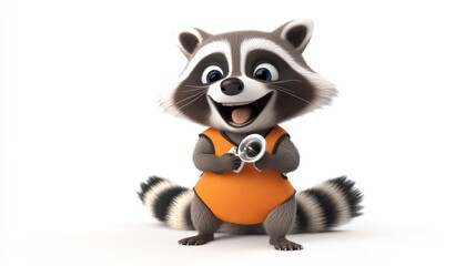Wall Mural - a cheerful cartoon raccoon in an orange outfit holding a small object, exuding playfulness.