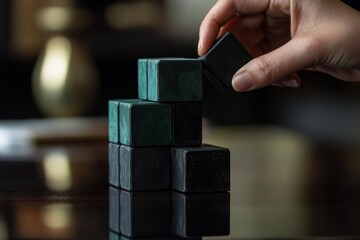 Aufkleber - A hand places a cube on a stack of black and teal blocks, showcasing balance and focus.