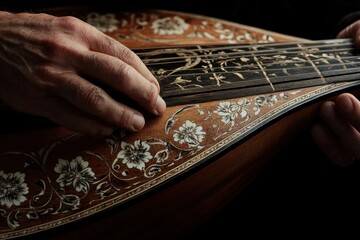 Poster - A close-up of hands playing a beautifully crafted string instrument with intricate designs.