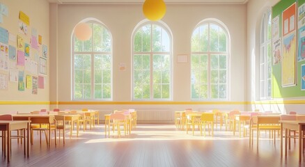 Aufkleber - A bright classroom with colorful furniture and large windows, designed for learning and creativity.