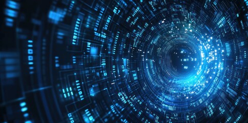 Wall Mural - a digital tunnel with blue lights and data patterns, representing technology and innovation.