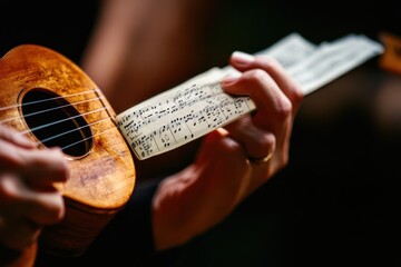 Aufkleber - A person playing a ukulele while reading sheet music.