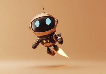 Poster - A cute robot with a jetpack, flying against a warm background.