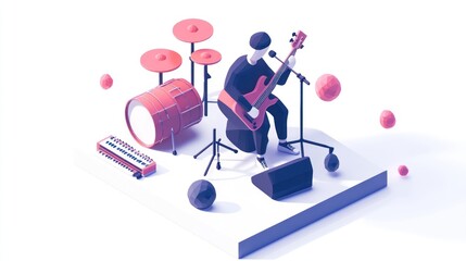 Aufkleber - A 3D illustration of a musician playing guitar with drums and keyboard in a vibrant setting.