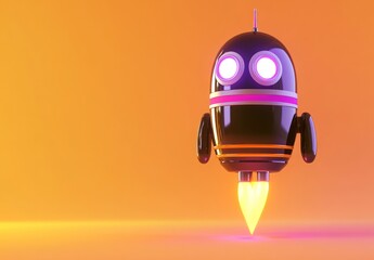 Poster - A stylized rocket-shaped robot with glowing eyes and a flame, set against a gradient background.