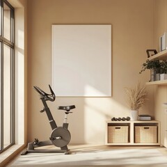 Wall Mural - A minimalist home gym featuring an exercise bike and storage baskets in a serene environment.