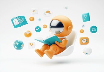 Poster - A cute astronaut character reading a book, surrounded by various icons representing knowledge and technology.