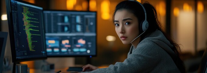 Aufkleber - A focused individual wearing a headset, working on dual monitors with data and code displayed.