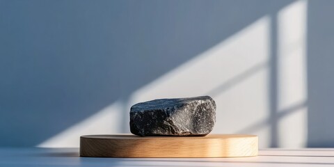 Poster - A dark stone sits on a wooden base, illuminated by soft shadows and natural light.