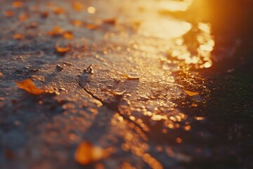 Poster - A close-up of wet ground with scattered leaves, illuminated by warm sunlight.