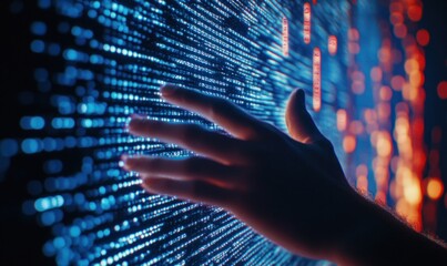 Wall Mural - a hand interacts with a glowing digital interface of data streams.