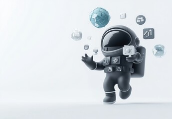 Poster - A playful astronaut character interacting with floating digital icons and data representations.