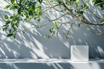 Poster - A minimalist scene featuring a branch with leaves and a blank cube on a shelf against a wall.