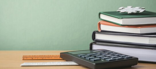 Poster - A calculator and stacked books on a desk, suggesting a study or work environment.