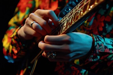 Poster - Close-up of hands playing a guitar, showcasing vibrant clothing and musical expression.