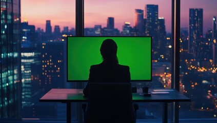 Aufkleber - A silhouetted figure sits at a desk in front of a green screen, overlooking a city skyline.