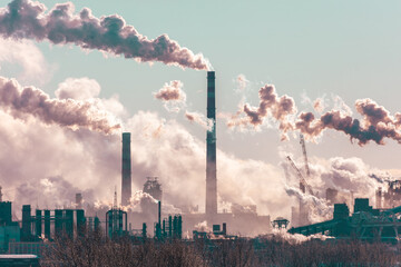 Wall Mural - A city skyline with a large cloud of smoke coming from a factory