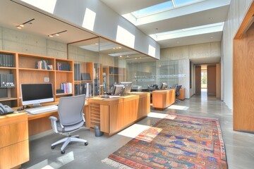 Poster - Modern office interior with wooden furniture and a colorful rug.