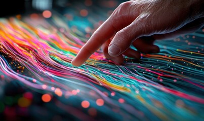 Wall Mural - a hand interacts with colorful data streams, symbolizing technology and digital connection.