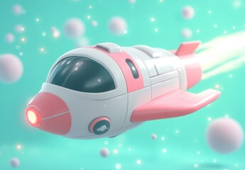 Aufkleber - A whimsical toy spaceship with a sleek design, emitting light and surrounded by bubbles.