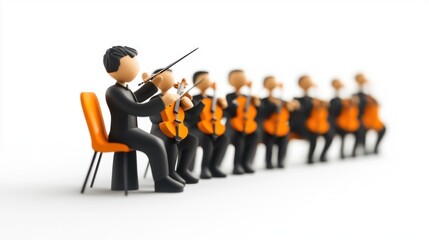 Poster - A stylized illustration of musicians playing violins in an orchestra setting.