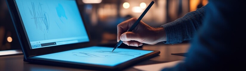 Poster - A person drawing on a digital tablet with a stylus, showcasing creative work.
