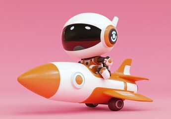 Poster - A cute astronaut character riding a stylized rocket against a pink background.