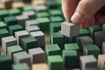 Poster - A hand selecting a cube from a group of green and gray wooden blocks.