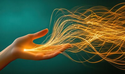 Wall Mural - a hand releasing glowing, swirling light strands, symbolizing energy and creativity.
