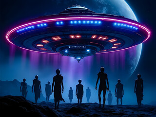alien figures gather under a luminous spaceship against a cosmic backdrop at night