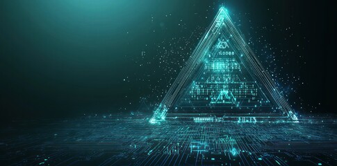 Wall Mural - a glowing digital pyramid surrounded by particles, symbolizing technology and data.