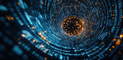 Wall Mural - a digital vortex of blue and orange particles, symbolizing data flow and technology.