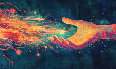 Wall Mural - a vibrant hand reaching out, intertwined with glowing circuitry, symbolizing technology and connecti