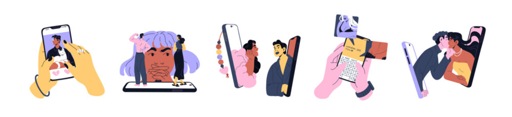 Online dating app concept set. Virtual love in the Internet. Phone application for looking for romantic relationships. Couples communicate, flirt in chats. Flat isolated vector illustrations on white