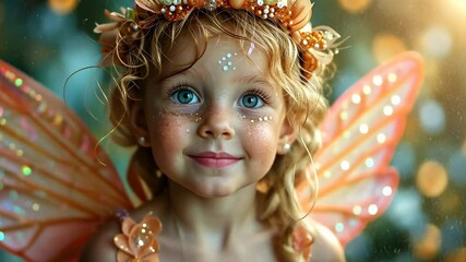 Wall Mural - video of little cute beautiful girl fairy with butterfly wings on blurred bokeh shiny background, childhood, masquerade, festive children's party, carnival, fairy tale, dream, child, kid