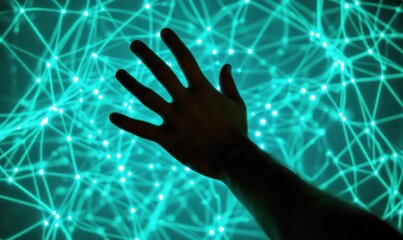 Wall Mural - a hand reaching out towards a network of interconnected lines and glowing nodes.