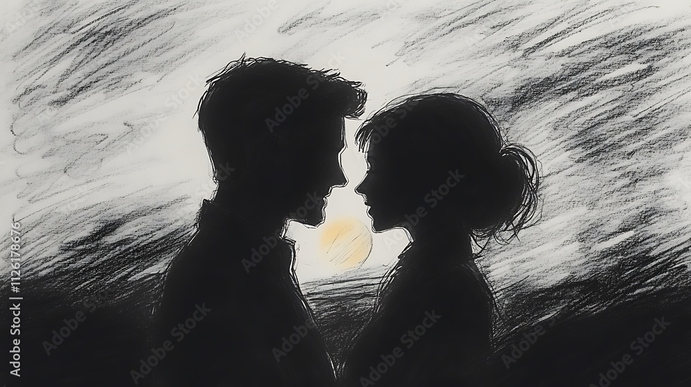 Silhouette of a romantic couple facing each other at sunset, drawn in ...