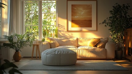 Wall Mural - Modern Scandinavian living room with sunlight and cozy decor in a peaceful setting