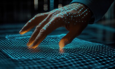 Wall Mural - a hand interacts with a digital grid, illustrating technology and data visualization.