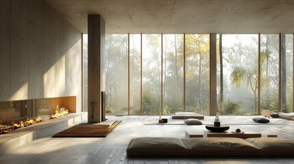 Wall Mural - Modern Scandinavian interior design with large windows and natural light in serene setting