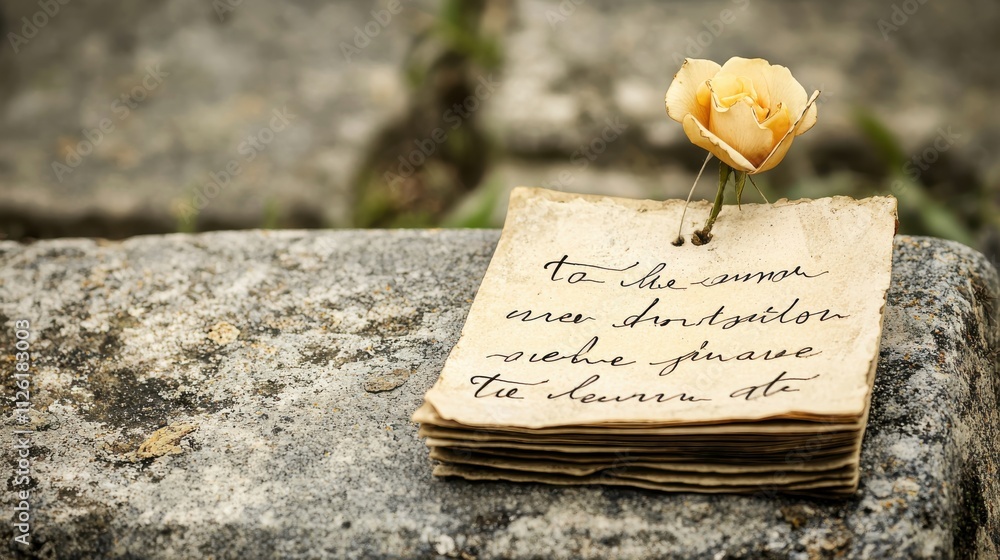 Always loved and remembered. A delicate flower atop an old handwritten ...