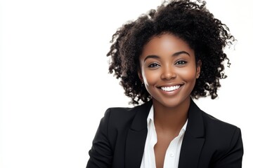 A woman with curly hair is smiling and wearing a black suit and white shirt