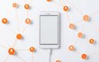 © Who is Santi - A clean white background featuring orange social network connection lines and people icons, with a phone charging cable plugged into a mobile device with a blank screen